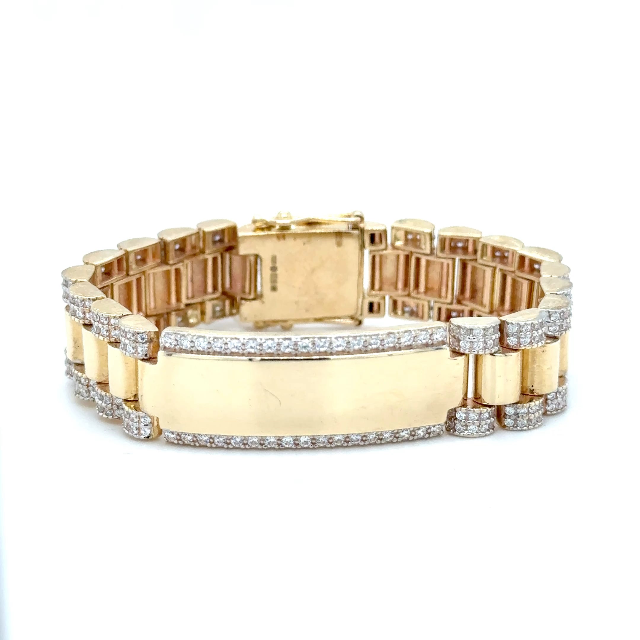 9ct Yellow Gold Presidential Bracelet with CZ & Engravable ID – Children’s Size (6 Inch)