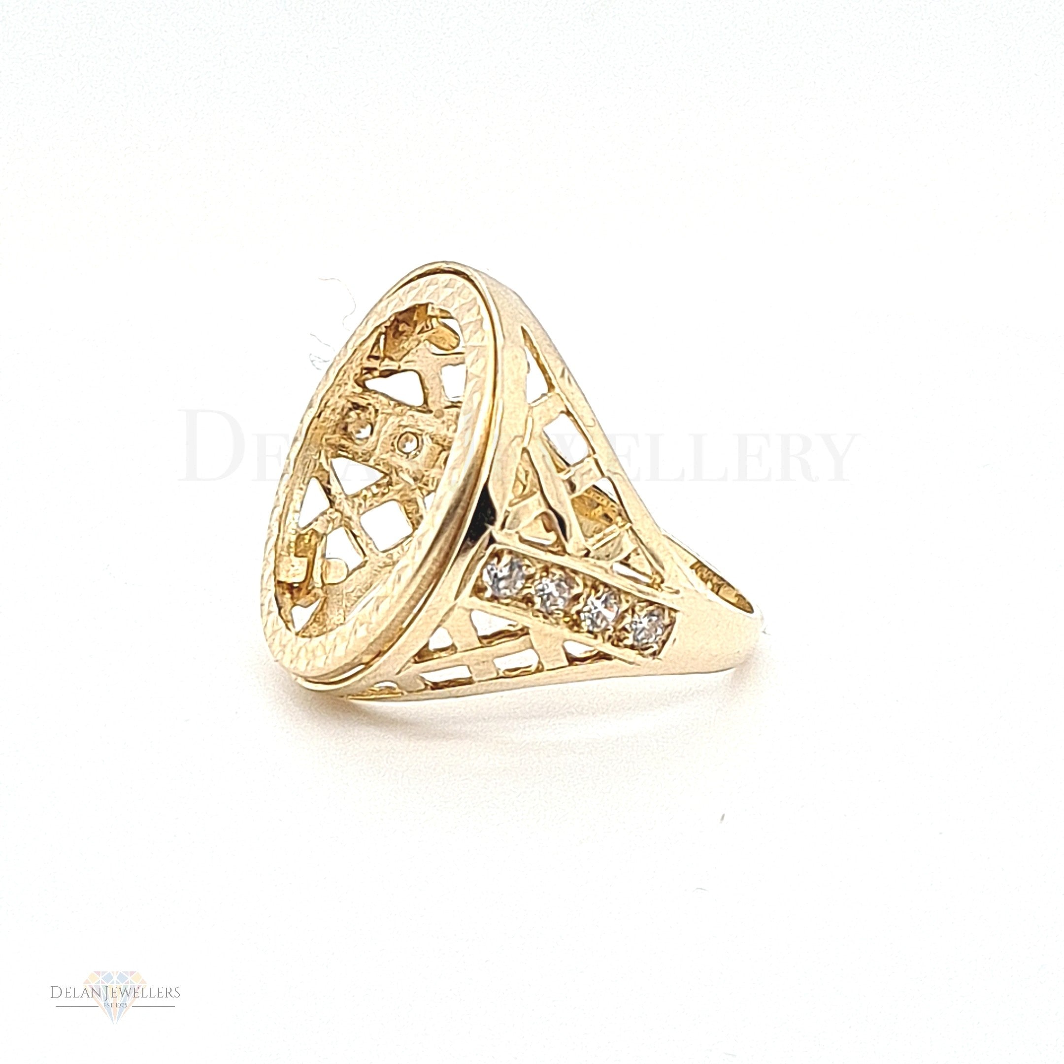 9ct Full Sovereign Mount Ring with Caged Design & CZ Stones
