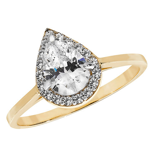 9ct Gold Halo Pear Shape Ring with CZ Stones - RN922