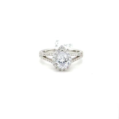 Sterling Silver Pear Cut Halo Ring with Cubic Zirconia