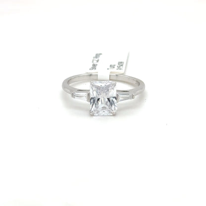 Sterling Silver Radiant Cut Ring with Cubic Zirconia and Baguette Accents