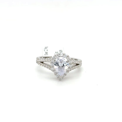 Sterling Silver Pear Cut Halo Ring with Cubic Zirconia