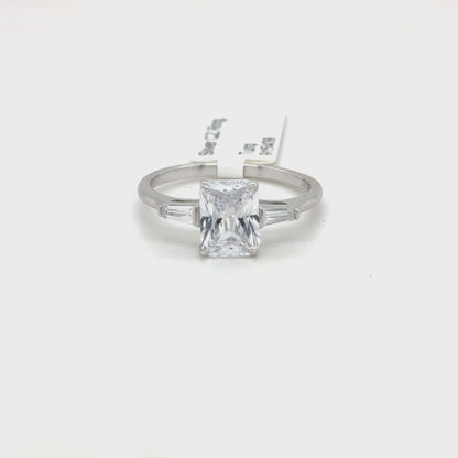 Sterling Silver Radiant Cut Ring with Cubic Zirconia and Baguette Accents
