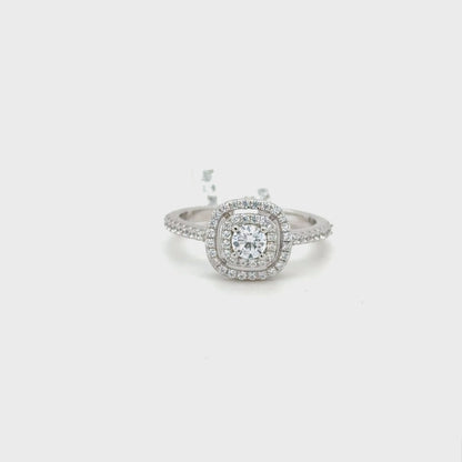Sterling Silver Cushion Double Halo Ring with Cubic Zirconia