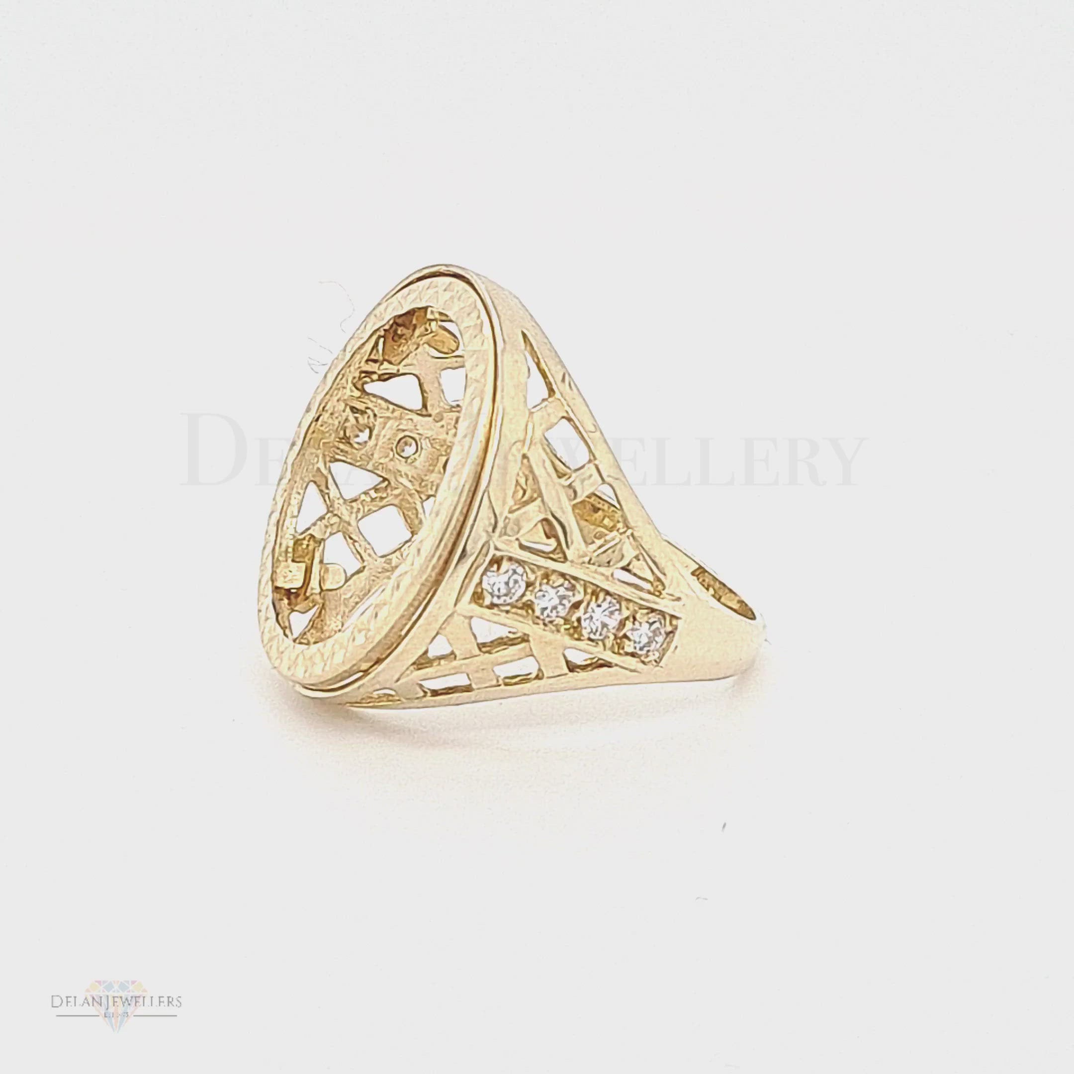 9ct Full Sovereign Mount Ring with Caged Design & CZ Stones